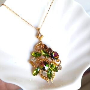 Vintage 60s Art Nouveau Chunky Gold Green Crystal Convertible Brooch Necklace
